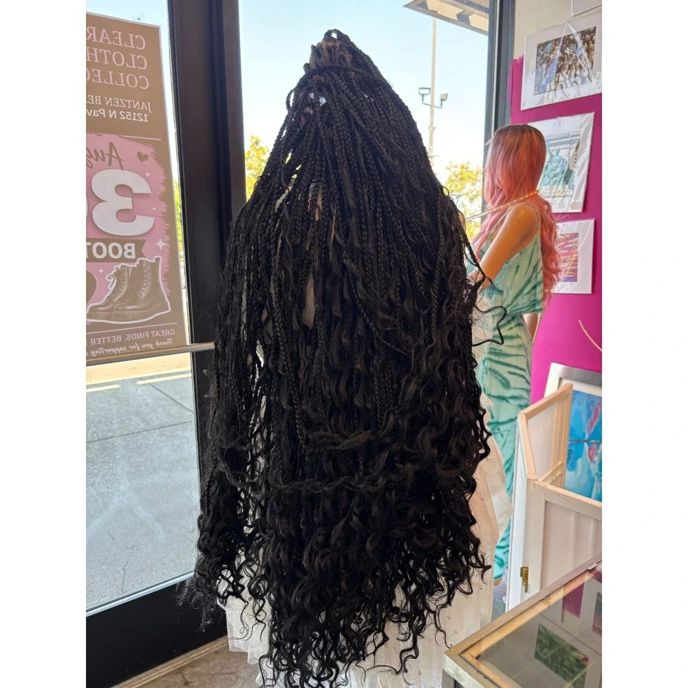 Black Braided Lace Front Wig Long Bohemian Box Braids Curly Ends 34 In Glueless